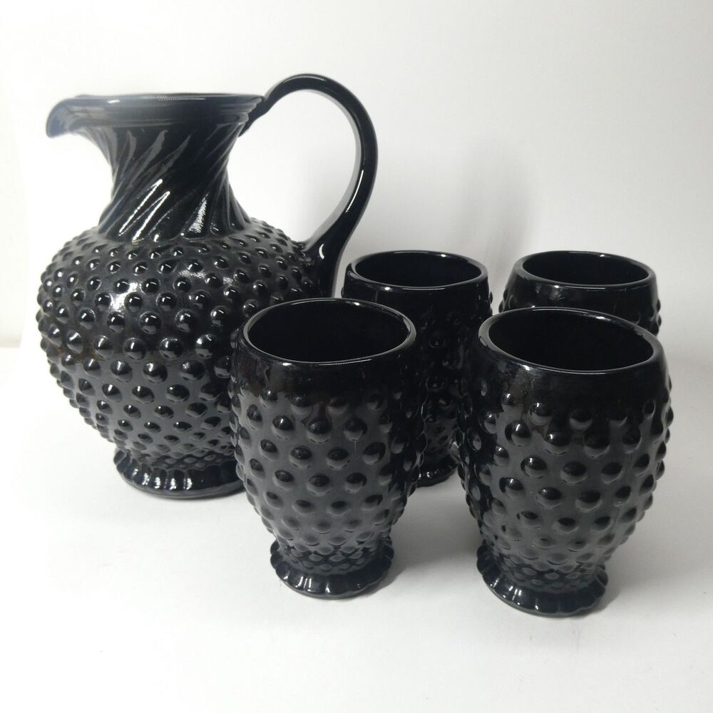 Indiana Tiara Hobnail Ebony Black - Pitcher & 4 Flat Tumbler Glasses Vintage